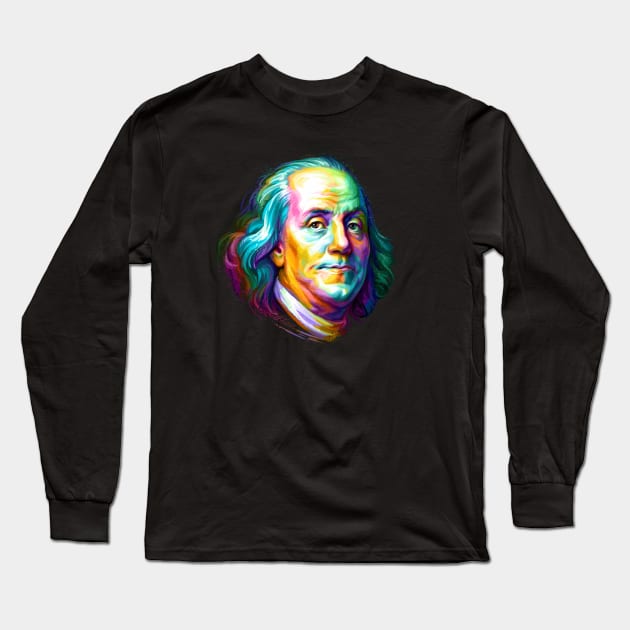 Benjamin Franklin Colorful Portrait Long Sleeve T-Shirt by stonemask